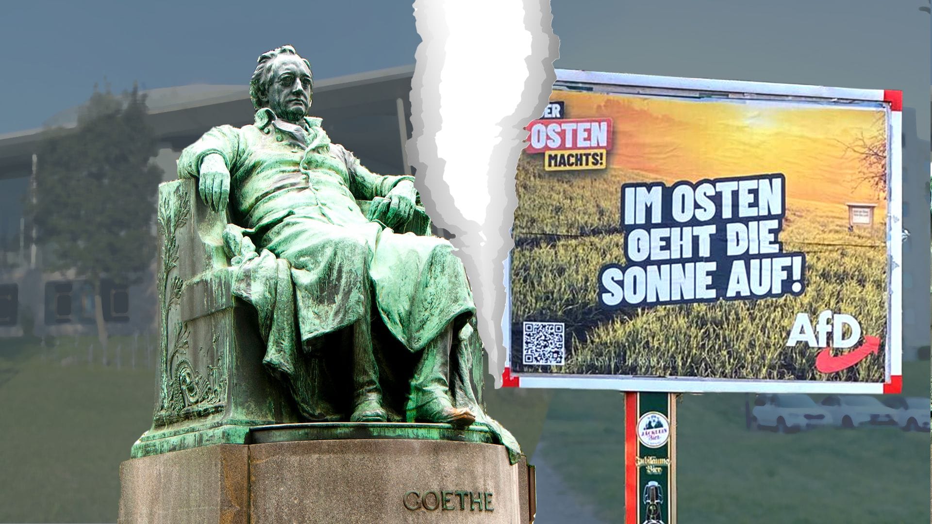 Goethestatue und AfD-Plakat (Fotomontage): Die Stadt Ilmenau ist gespalten.