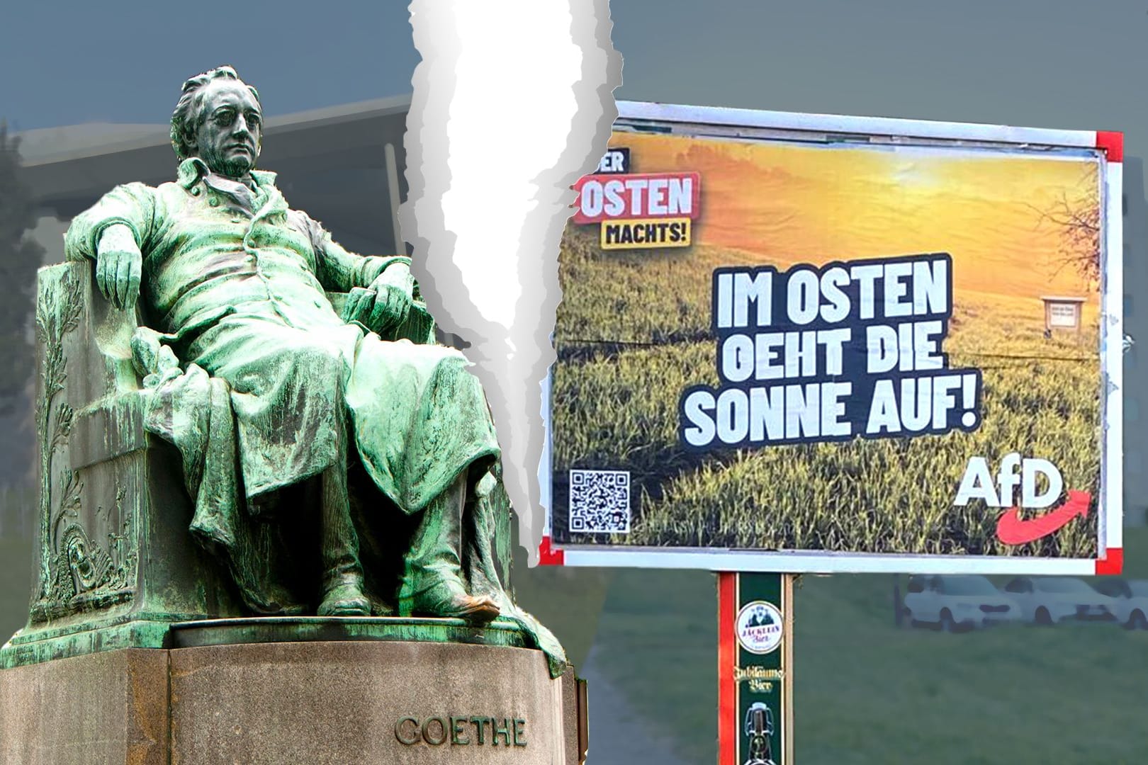 Goethestatue und AfD-Plakat (Fotomontage): Die Stadt Ilmenau ist gespalten.