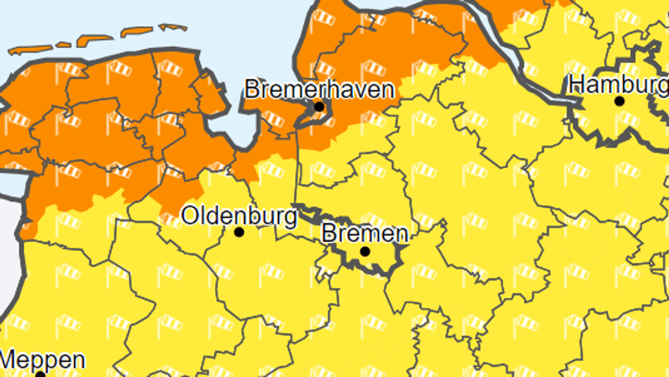 Im gelb und orange-markierten Gebiet ist am Freitag bis 20 Uhr mit Sturmböen zu rechnen.