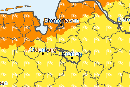 Im gelb und orange-markierten Gebiet ist am Freitag bis 20 Uhr mit Sturmböen zu rechnen.