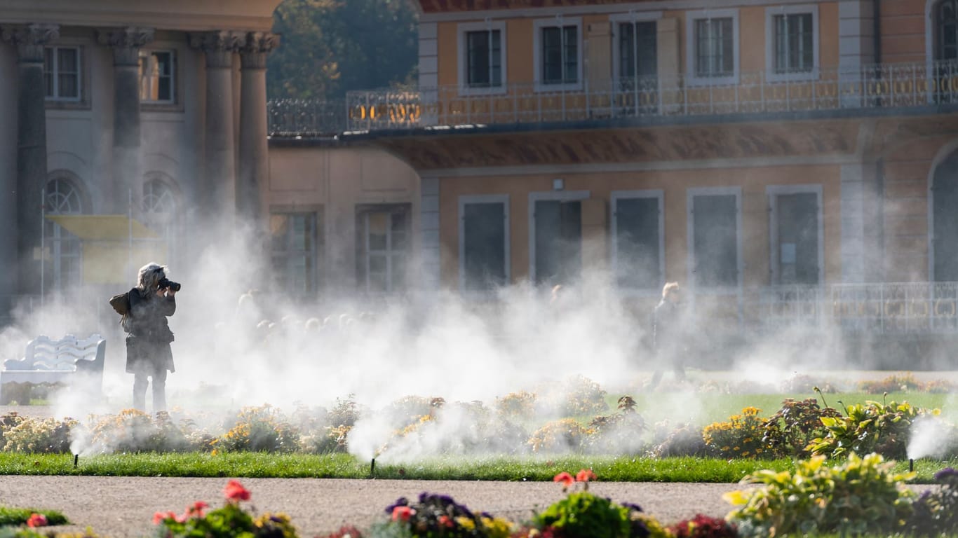 Eine Besucherin steht im Lustgarten von Schloss Pillnitz (Archivbild): Eine Berieselungsanlage gießt die Blumen.