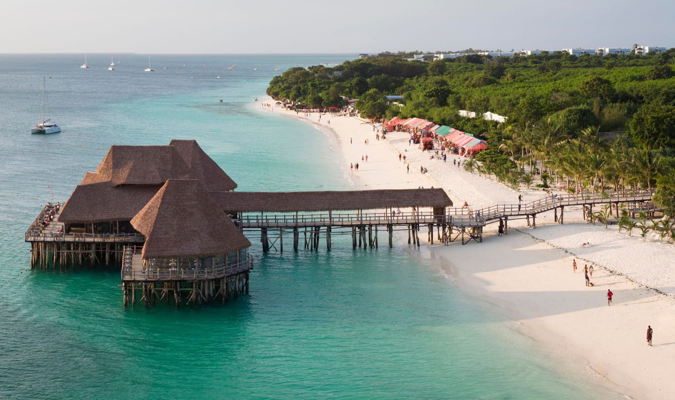 Amazing drone shot of coastline at sunny day in Zanzibar