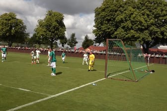 Ehemalige Fußballprofis und Fans beim "Tach der Fans": Die Werder-Legenden-Mannschaft spielte gegen das Siegerteam der Fanclub-Meisterschaft.