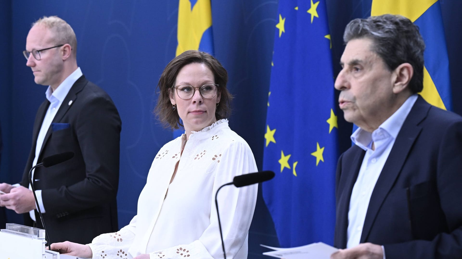 Schwedische Regierungsvertreter mit Migrationsministerin Maria Malmer Stenergard (M): Schweden hat die Migrationszahlen in den letzten Jahren stark reduziert.