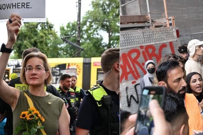 Links Karoline Preisler, rechts aufgebrachte Demonstrierende bei der Polizei.