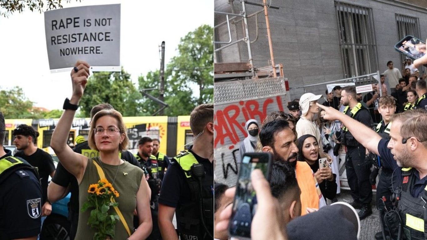 Links Karoline Preisler, rechts aufgebrachte Demonstrierende bei der Polizei.