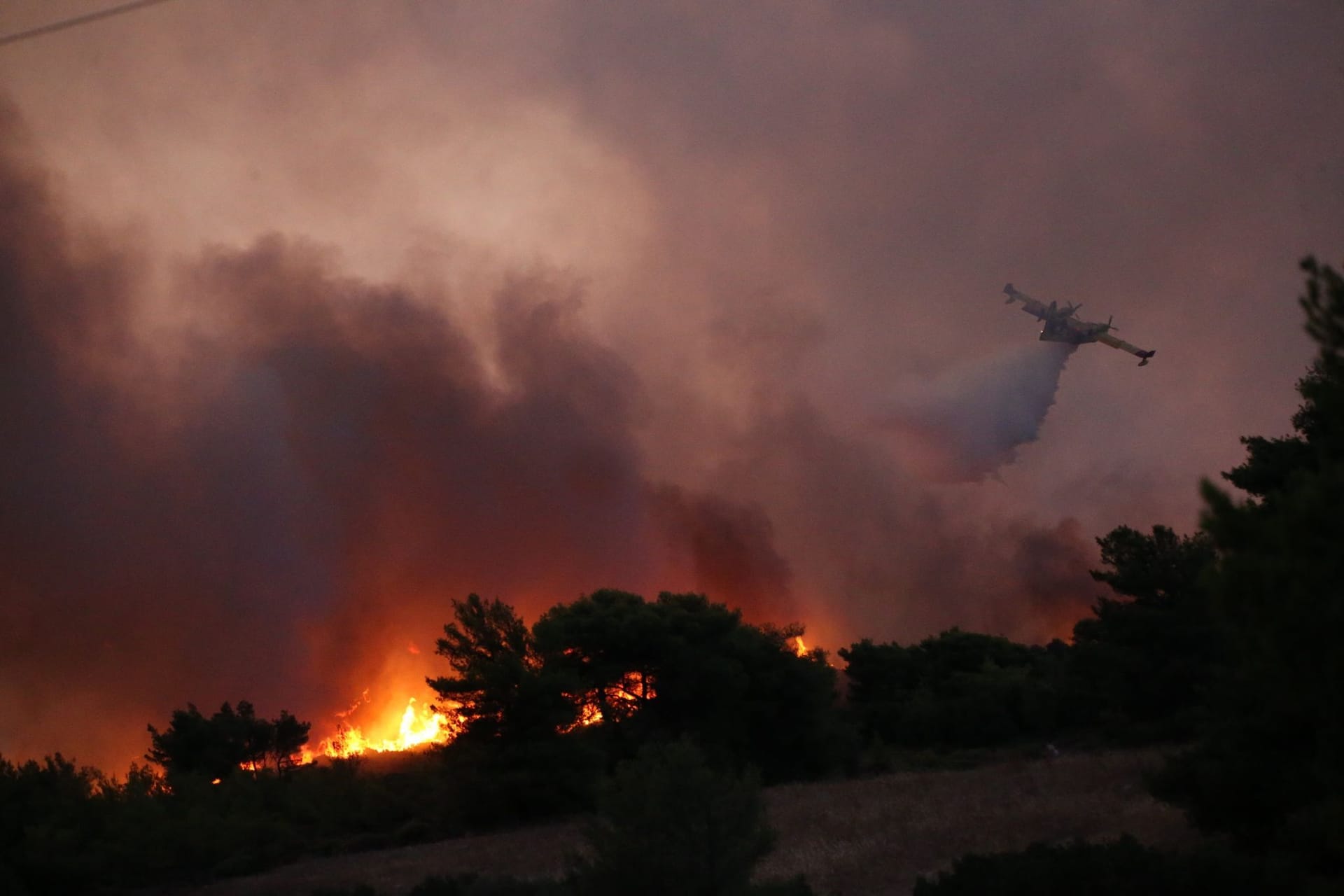 Ein Löschflugzeug wirft während eines großen Brandes nördlich von Athen Wasser ab.