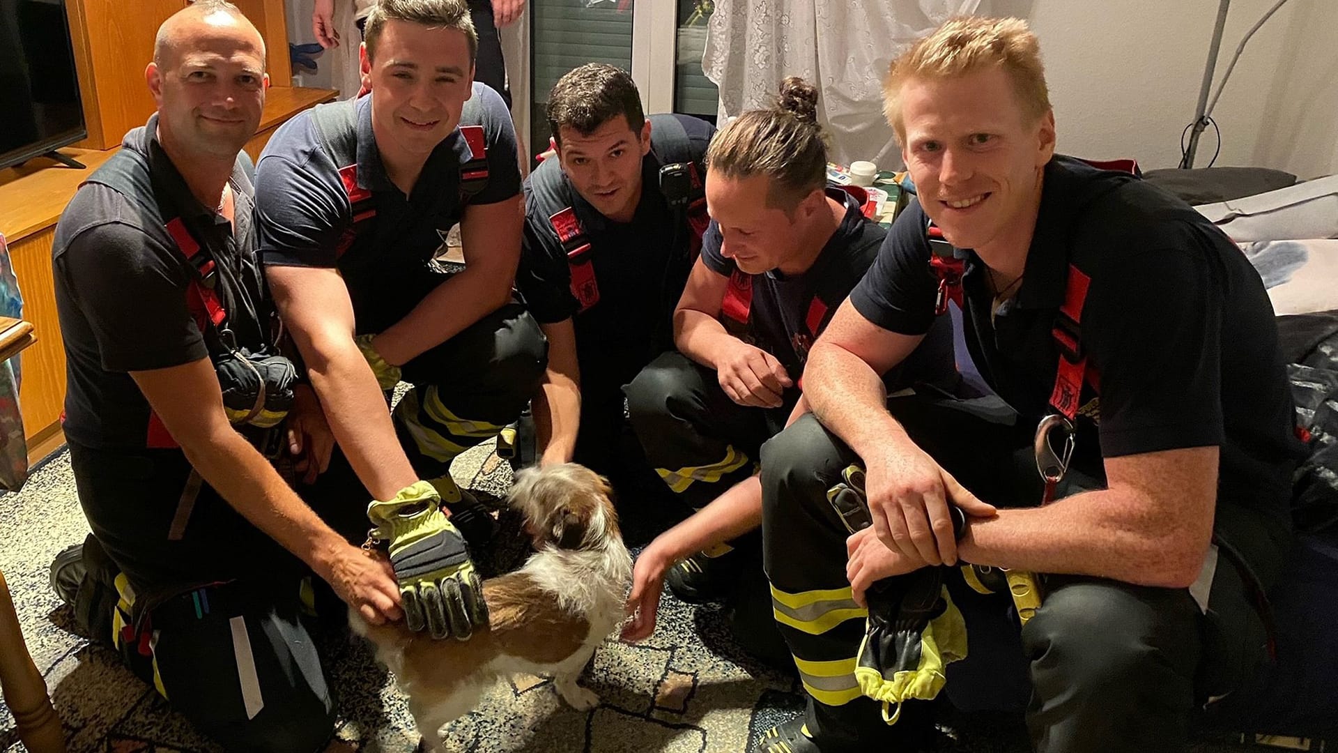 Einsatzkräfte der Feuerwehr sind am Mittwochabend zu einem eingeklemmten Hund alarmiert worden. Sie konnten den Hund unverletzt befreien.Eine Tochter und ihr Mann besuchten die Mama, um am Feiertag auch den 90. Geburtstag der Mutter zu feiern. Es war ein schöner Abend und der kleine Hund Rocky tobte ausgelassen in der Wohnung umher. Beim Spielen blieb der kleine Vierbeiner plötzlich zwischen einem Heizungsrohr und der Wand stecken. Versuche das Tier zu befreien gelangen nicht. Daraufhin rief die Tochter den Notruf 112 und schilderte den Vorfall.Die Leitstelle schickte ein Hilfeleistungslöschfahrzeug zur Einsatzstelle. Die Einsatzkräfte beruhigten zuerst alle Beteiligten und erkundeten die Lage des kleinen Rocky und wie eine Rettung am besten möglich ist. Dabei wurde das Tier beruhigt und gestreichelt.