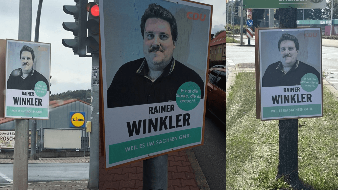 Plakativ: Der "Drachenlord" prangt in Sachsen auf gefälschter CDU-Wahlwerbung. Die Bilder sind aus Aue und Dresden.