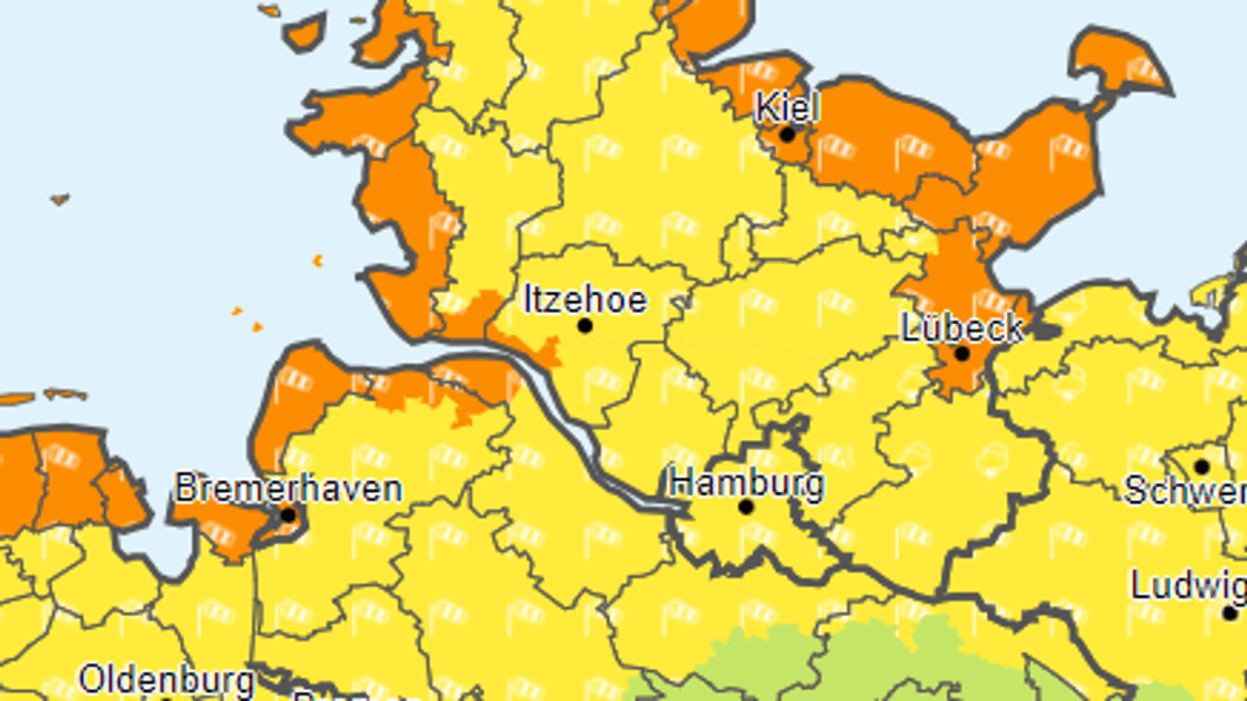 Im gelb und orange-markierten Gebiet warnt der Deutsche Wetterdienst am Mittwoch vor Wind- und Sturmböen.