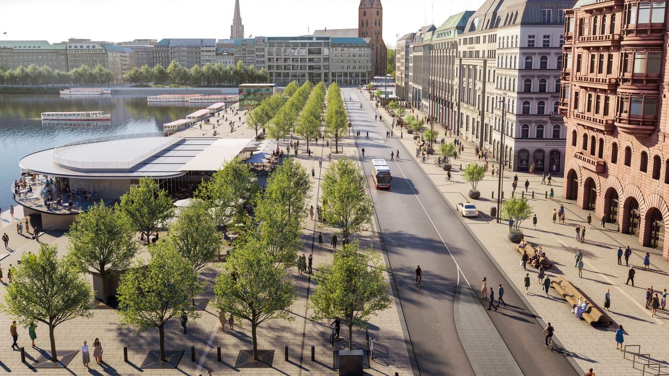 So soll es später mal aussehen: Wasserseitig kommt eine weitere Reihe Bäume dazu, die Straßenfläche ist deutlich verkleinert. Dennoch: Das innerstädtische Idyll wird täglich von 1000 Bussen durchfahren.