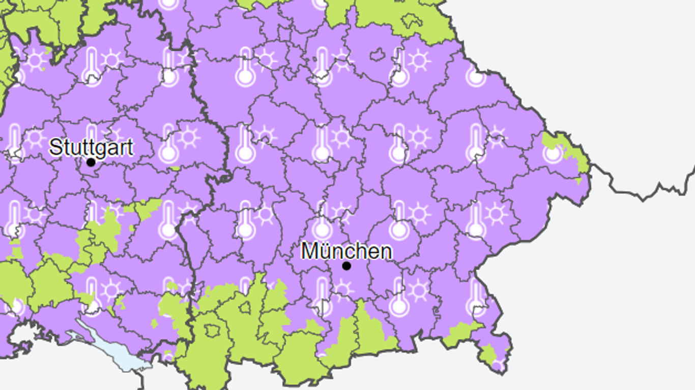 Im lila-markierten Gebiet warnt der Deutsche Wetterdienst am Freitag bis zum Abend vor Hitze.