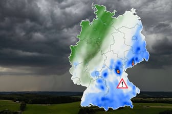 Wetterkarte von Deutschland vor Luftaufnahme von wechselhaftem Wetter.