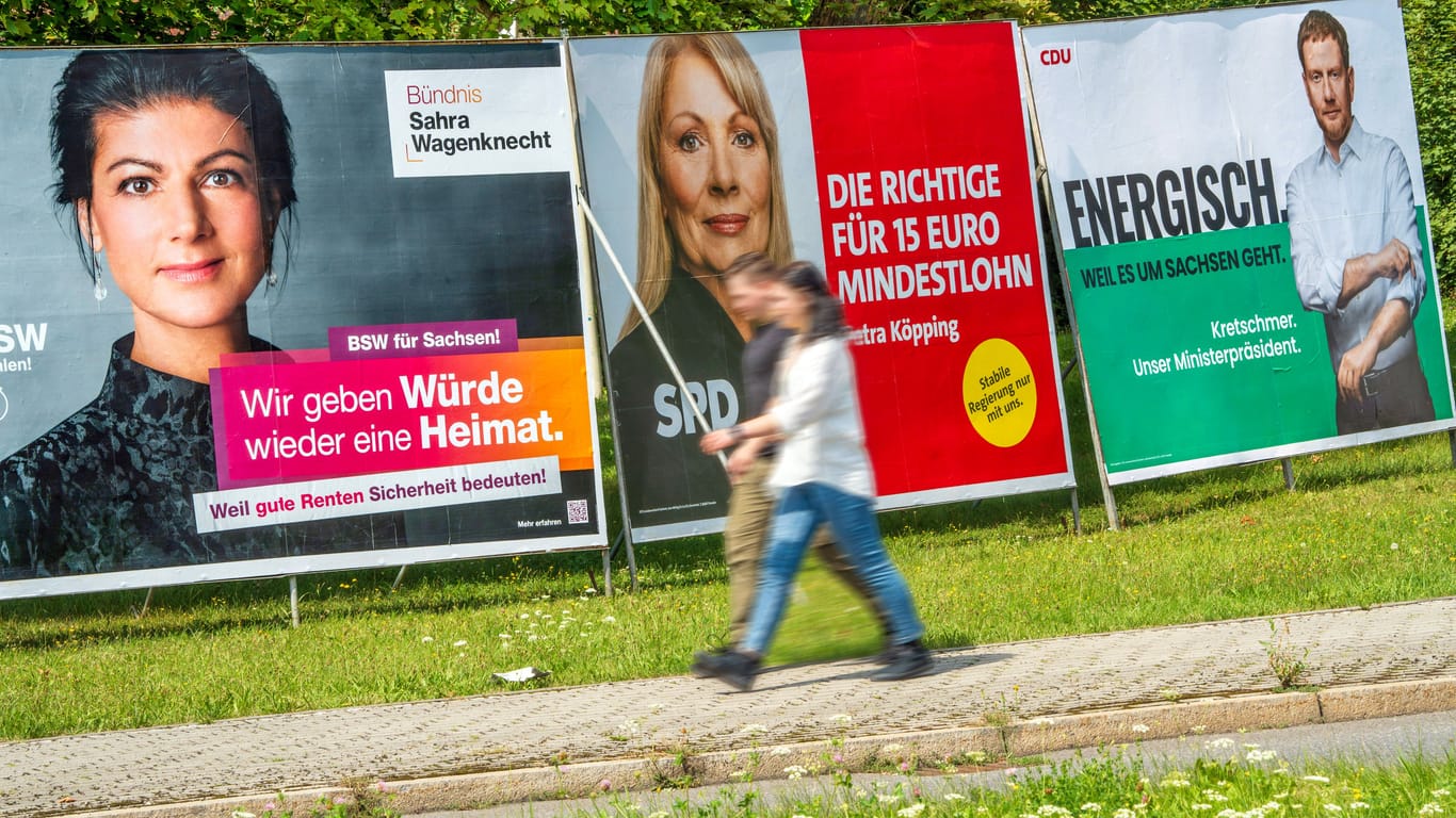 Wahlkampf in Sachsen: Wahlplakate von Sahra Wagenknecht, BSW, Petra Köpping, SPD, Ministerpräsident Michael Kretschmer, CDU.