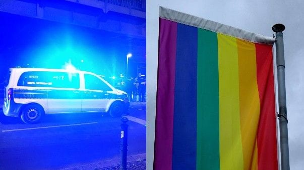 Polizeiwagen und Regenbogenflagge (Symbolbild): Am Wochenende kam es zu zwei Anfeindungen gegenüber queeren Menschen.