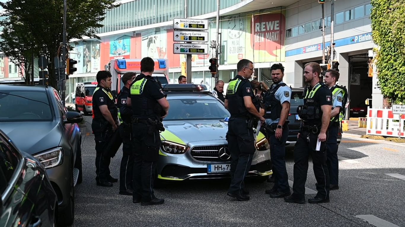 Einsatzkräfte der Polizei am Tatort: Ein Großaufgebot rückte in der Wilstorfer Straße in Harburg an.