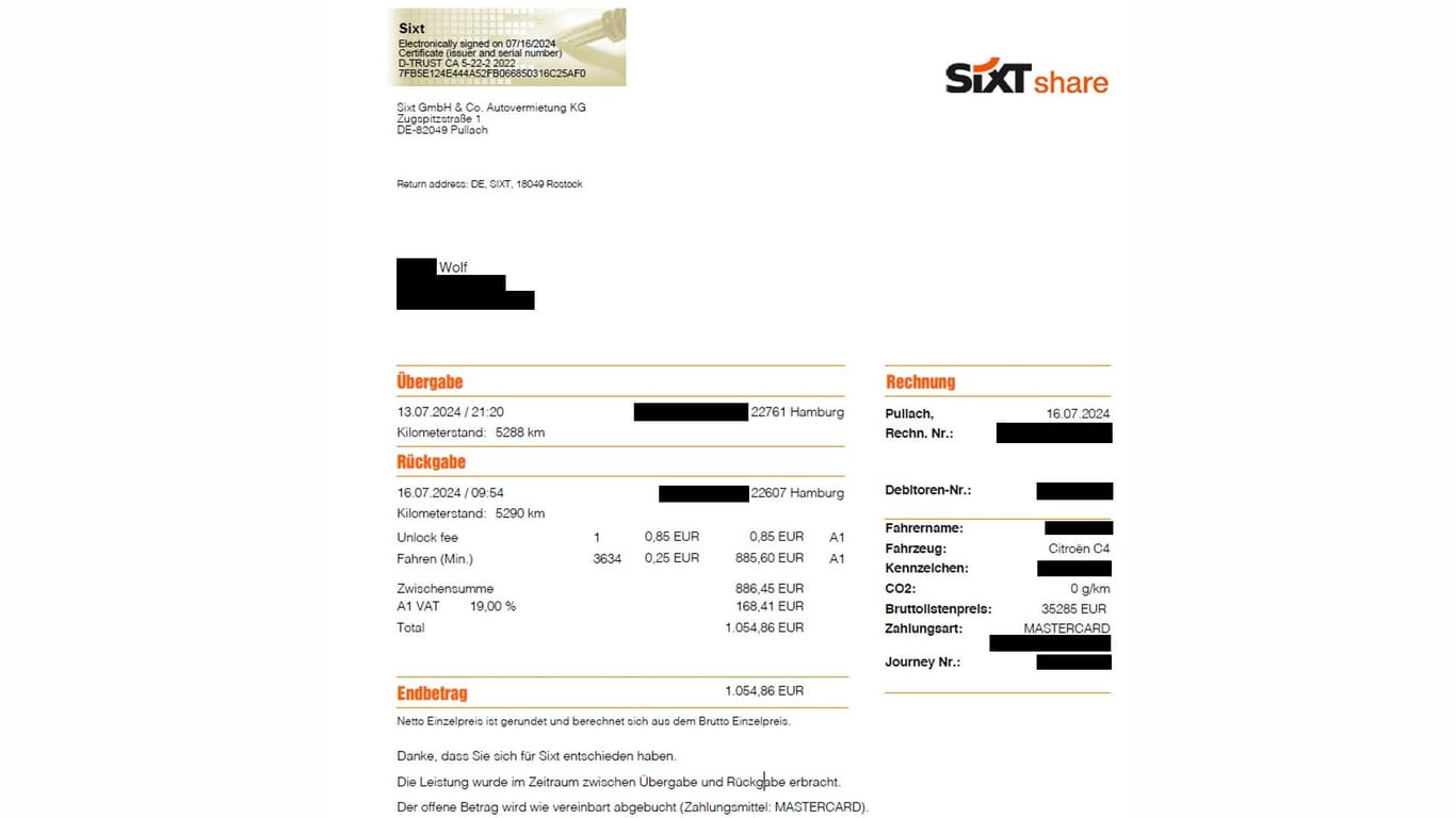 Die Rechnung von Sixt: Wolf sollte 1.054,86 Euro zahlen.