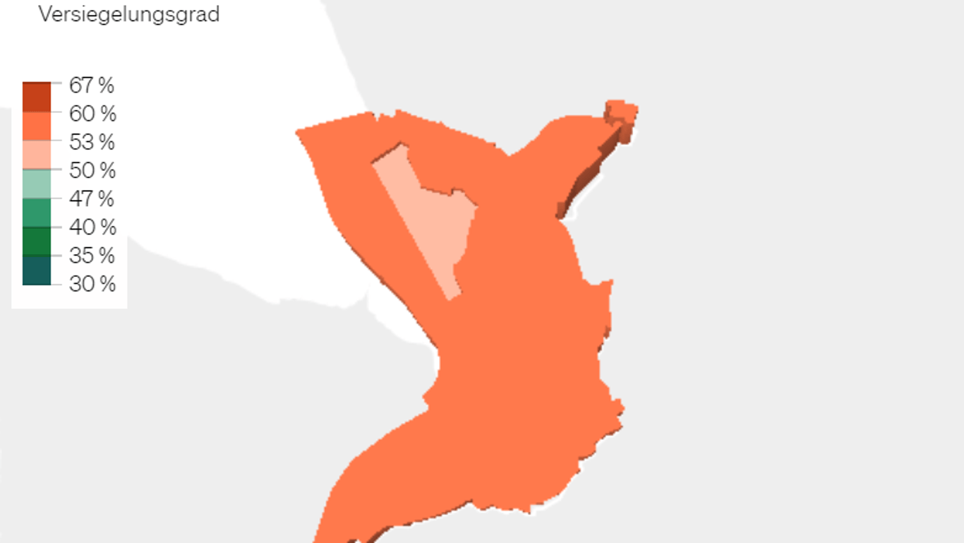 Bremerhaven ist der Analyse zufolge stark von Bodenversiegelung betroffen. Der Grad liegt größtenteils zwischen 53 und 60 Prozent.