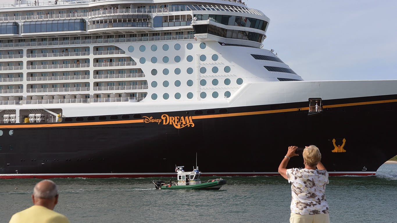 Menschen beobachten die Abfahrt der "Disney Dream": Wer den Anlauf des Kreuzfahrtschiffes in Hamburg verfolgen will, hat mehrere Möglichkeiten.