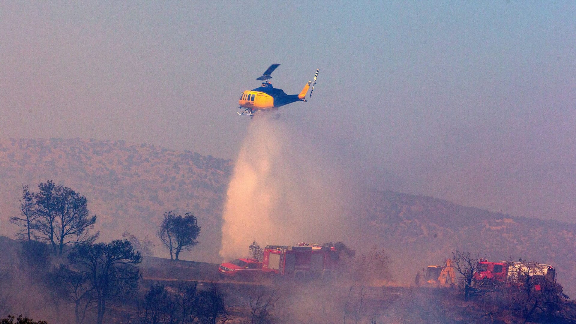 Einsatzkräfte der Feuerwehr löschen einen Waldbrand in der Nähe von Athen.