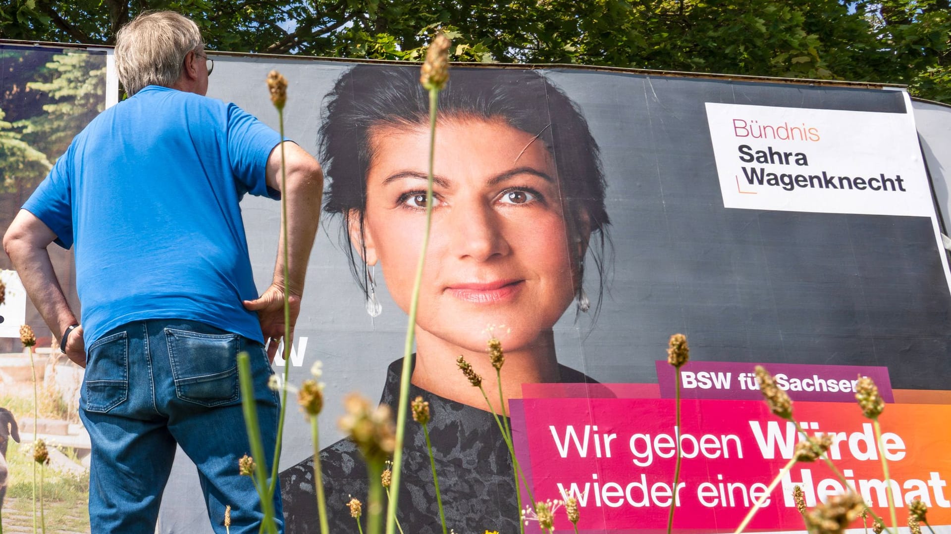 Ein Mann blickt auf ein Wahlplakat der BSW Sachsen.