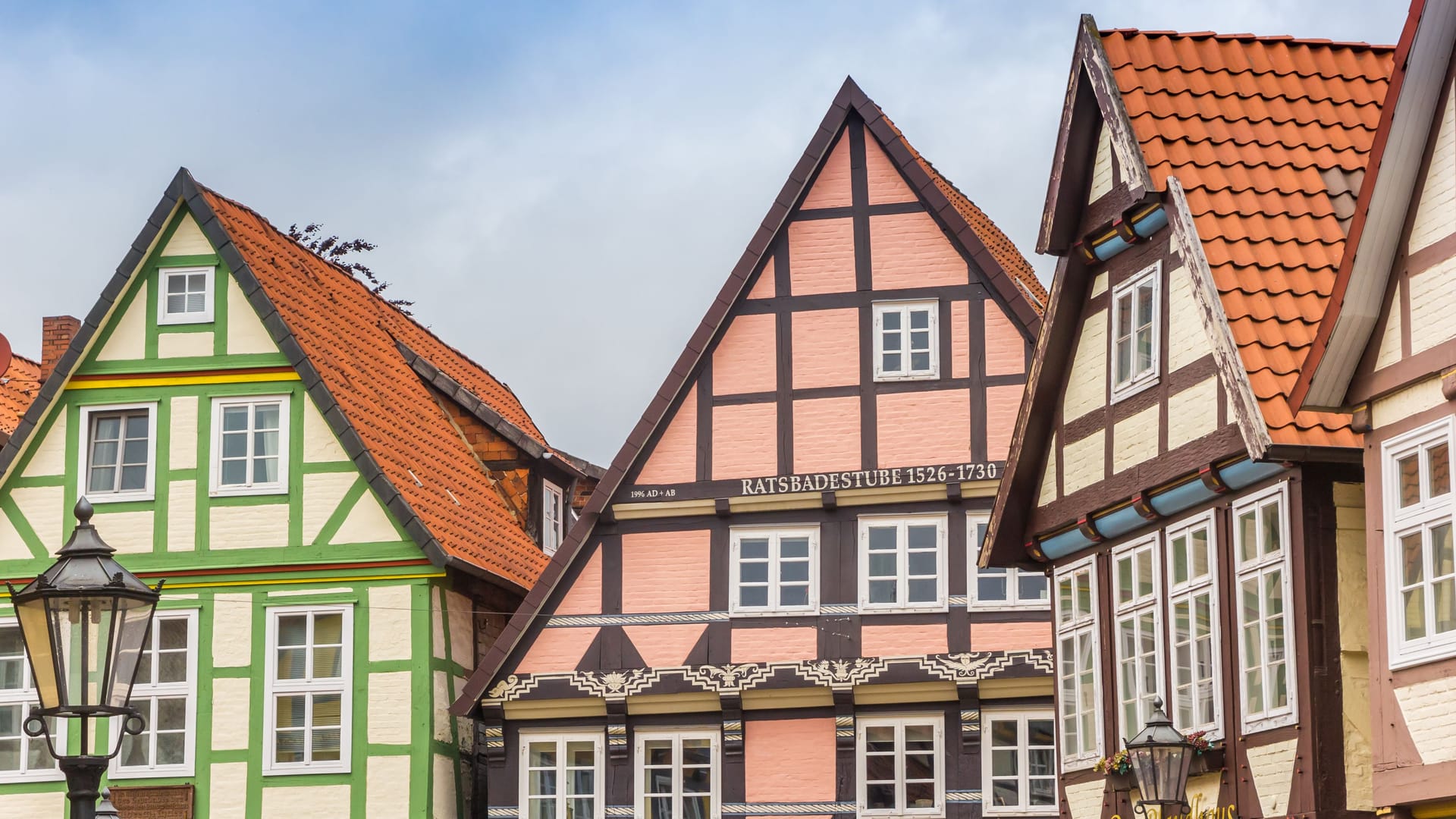 Panorama of colorful half timbered houses in Celle