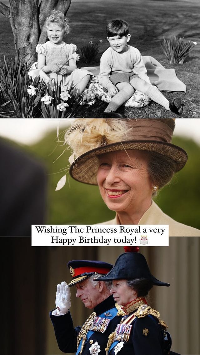 König Charles III. widmet seiner Schwester Prinzessin Anne auf Instagram eine Fotocollage zum Geburtstag.