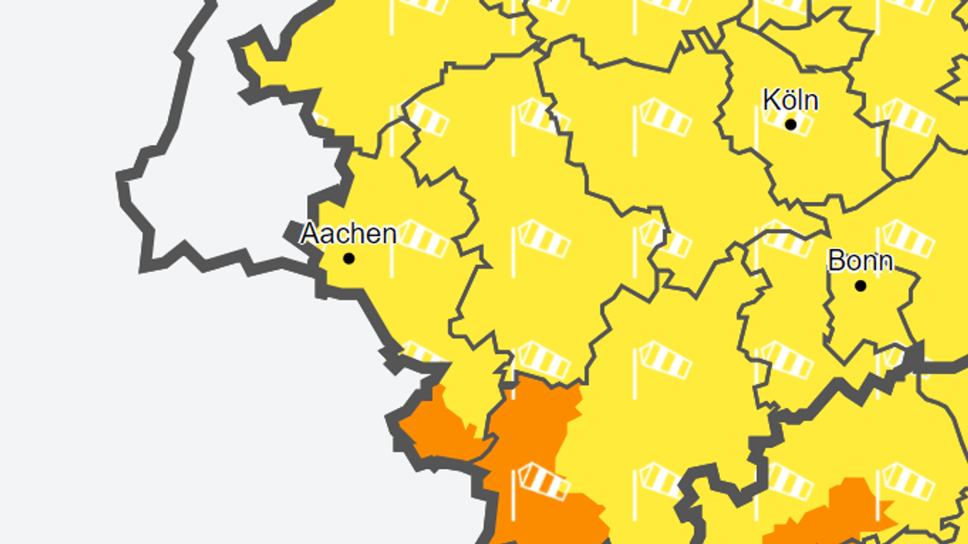 Im gelb und orange markierten Gebiet warnt der Wetterdienst vor Wind- und Sturmböen.