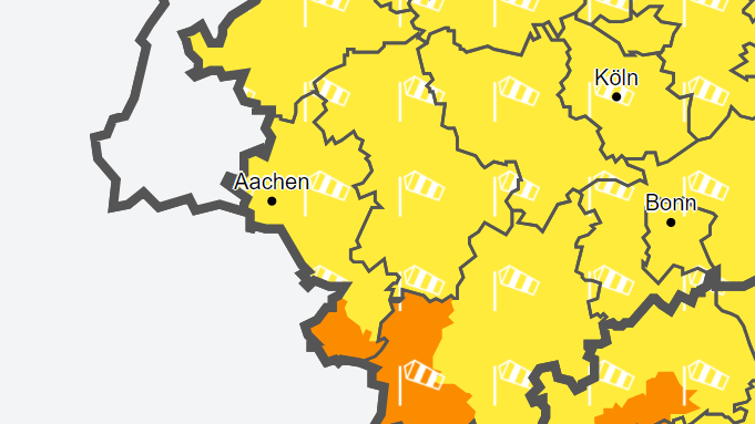 Im gelb und orange markierten Gebiet warnt der Wetterdienst vor Wind- und Sturmböen.