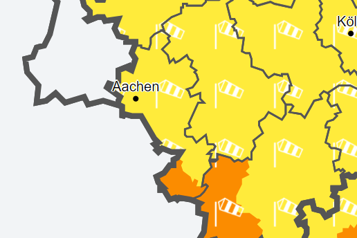 Im gelb und orange markierten Gebiet warnt der Wetterdienst vor Wind- und Sturmböen.