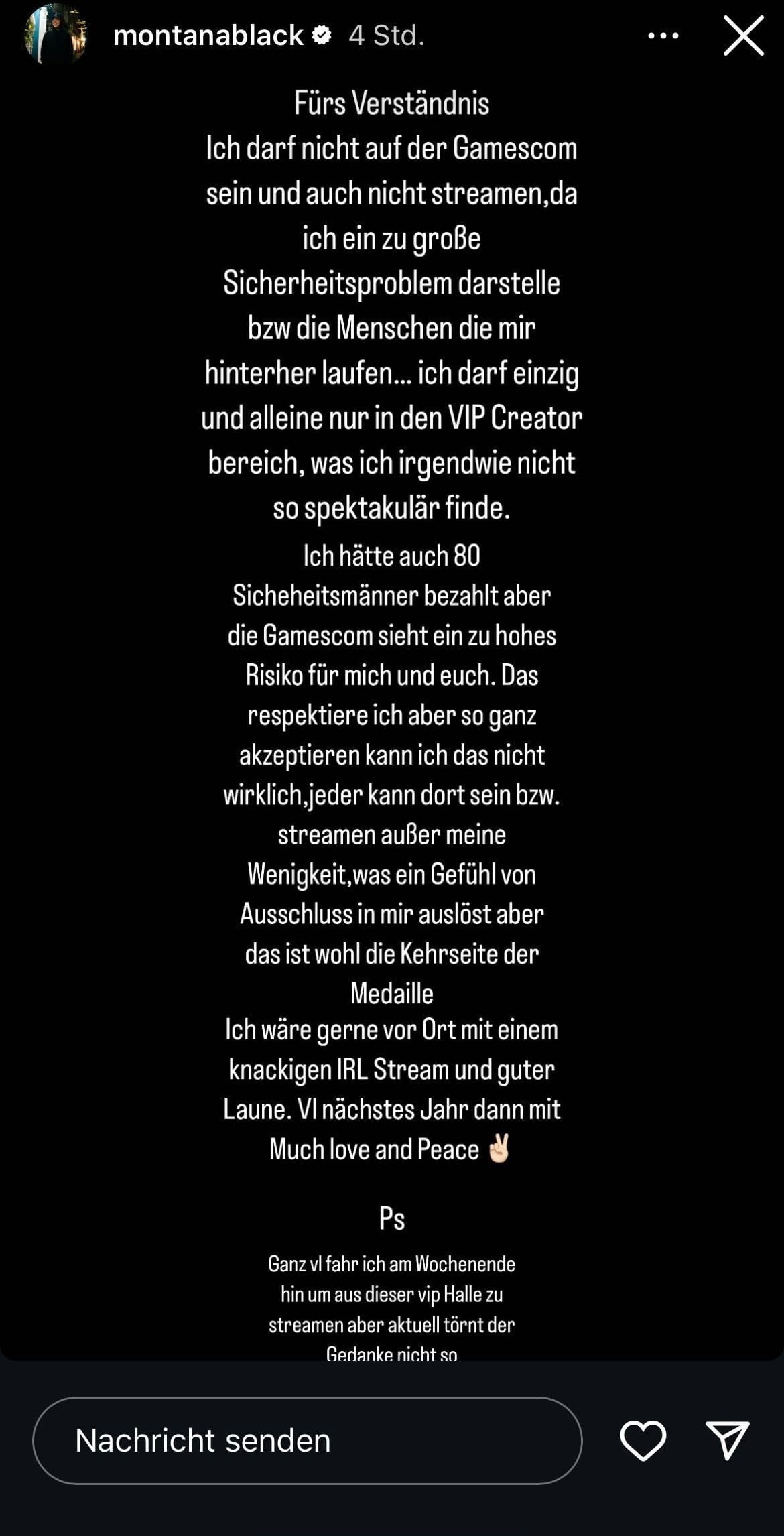 Die Instagram-Story von Montanablack: Der Streamer fühlt sich ausgeschlossen.