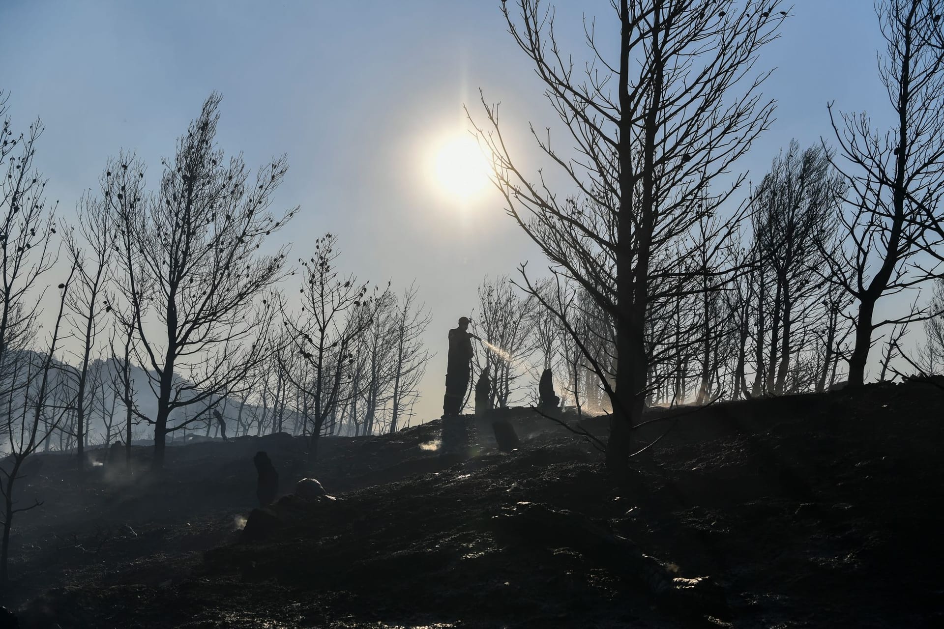 Ein Feuerwehrmann ist bei Löscharbeiten in Einsatz in der Nähe von Penteli, nordöstlich von Athen.