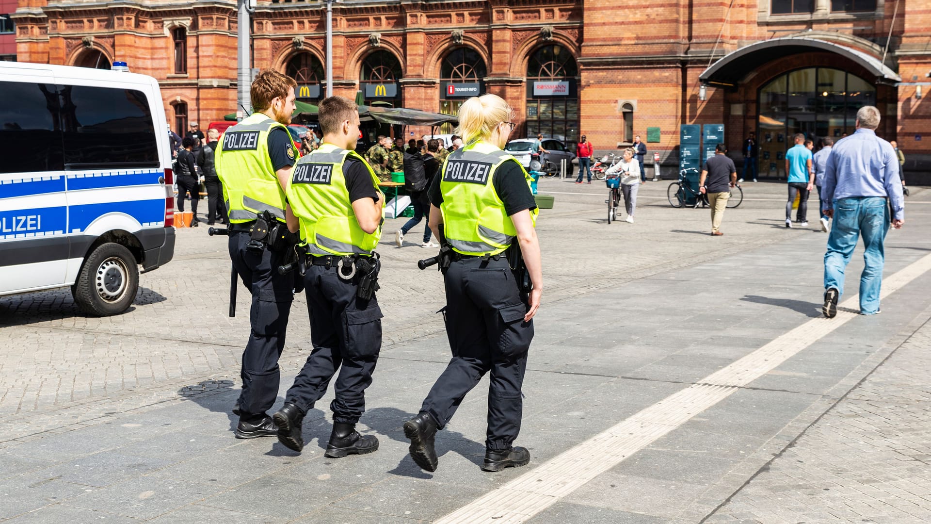 Two policemen and a policewoman in Bremen, Germany