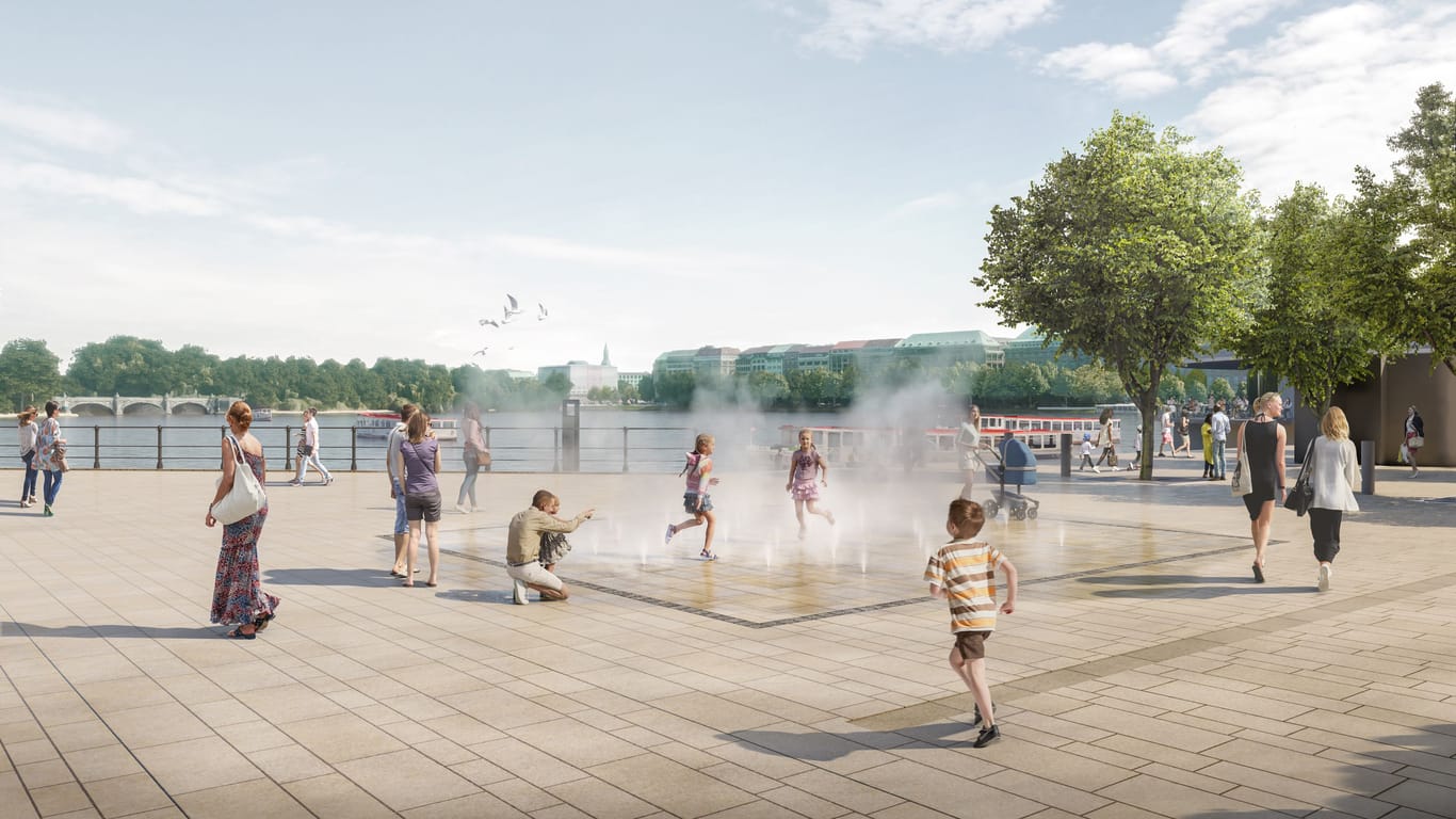 Planschende Kinder an einem Wasserspiel: Am Westende des Jungfernstiegs soll dieser Bereich entstehen. Auch Trampoline werden installiert.