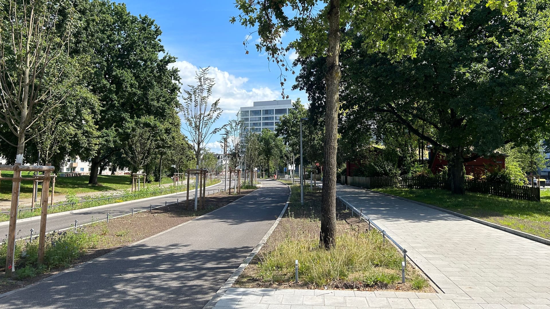 Die umgebaute Louise-Schroeder-Straße: Statt einer dreispurigen Einbahnstraße gibt es nun Bäume und Wege für alle Verkehrsteilnehmer.