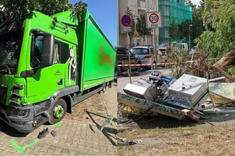 Die Unfallstelle: Ein Lkw sorgte in Dresden für Schäden im Straßenbild.