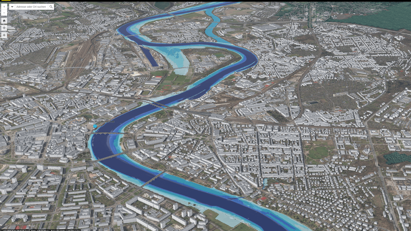 Simulation der Überflutungen bei einem Pegelstand von 6 Metern. Der Fluss würde kaum über seine Ufer treten, bewohnte Gebiete blieben unbeschadet.