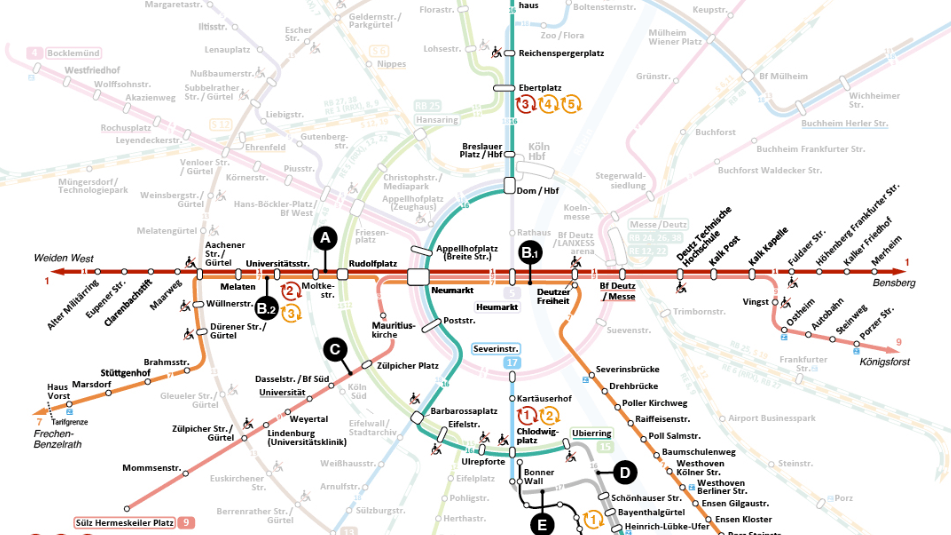 Der Plan zeigt die betroffenen Strecken der KVB.