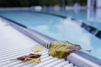 Laub liegt am Rande eines Schwimmbeckens.