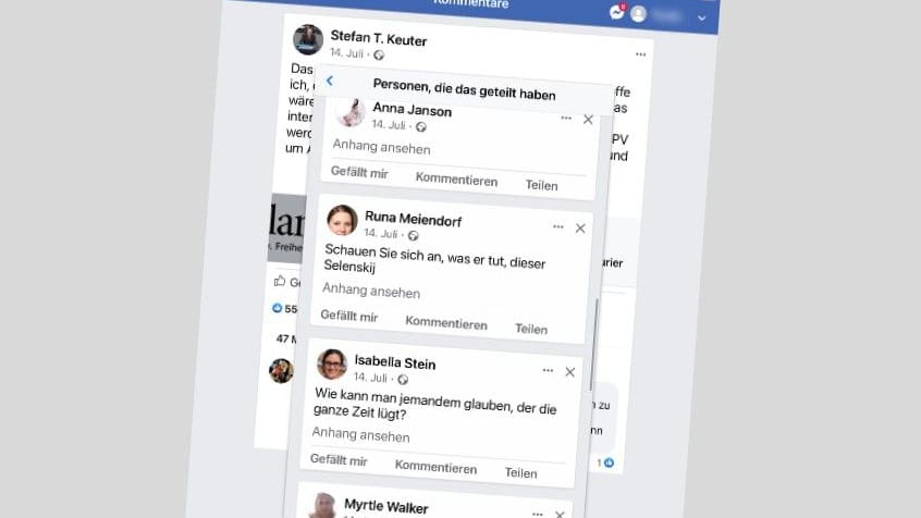 Verstärkung von Fake-Profilen: Von Sommer 2022 traten auf Facebook und auf X massenhaft Nutzeraccounts auf, die prorussische Inhalten verbreiteten. Zunächst hatten viele Profilfotos, die mit künstlicher Intelligenz erstellt waren.