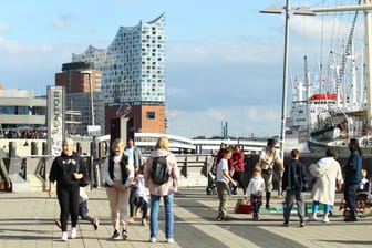 Passanten bei sommerlichen Temperaturen am Hamburger Hafen: In dieser Woche wird es wieder wärmer in der Hansestadt.