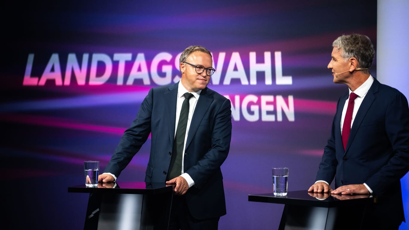 Standen sich im TV mehrfach gegenüber: Höcke und Mario Voigt (CDU).