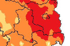 Ausschnitt aus der Karte des DWD: In den rot markierten Gebiete gilt am Mittwoch die höchste Warnstufe.