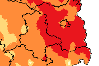 Ausschnitt aus der Karte des DWD: In den rot markierten Gebiete gilt am Mittwoch die höchste Warnstufe.