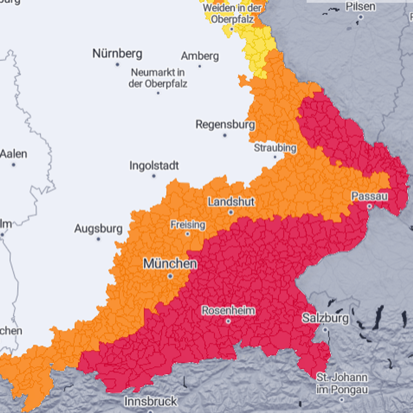 Die aktuelle Warnkarte: Vor allem in Bayern drohen schwere Unwetter.