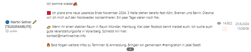 Ein Screenshot der Ankündigung von Martin Sellner. Der Österreicher hatte erklärt, in Köln auftreten zu wollen, löschte den Beitrag auf Telegram aber wieder.