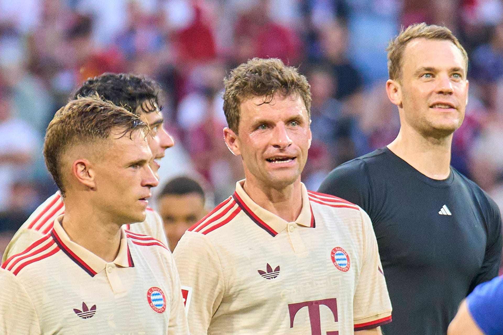 Joshua Kimmich, Thomas Müller und Manuel Neuer (v. l. n. r.): Ihre Verträge laufen allesamt im Sommer 2025 aus.