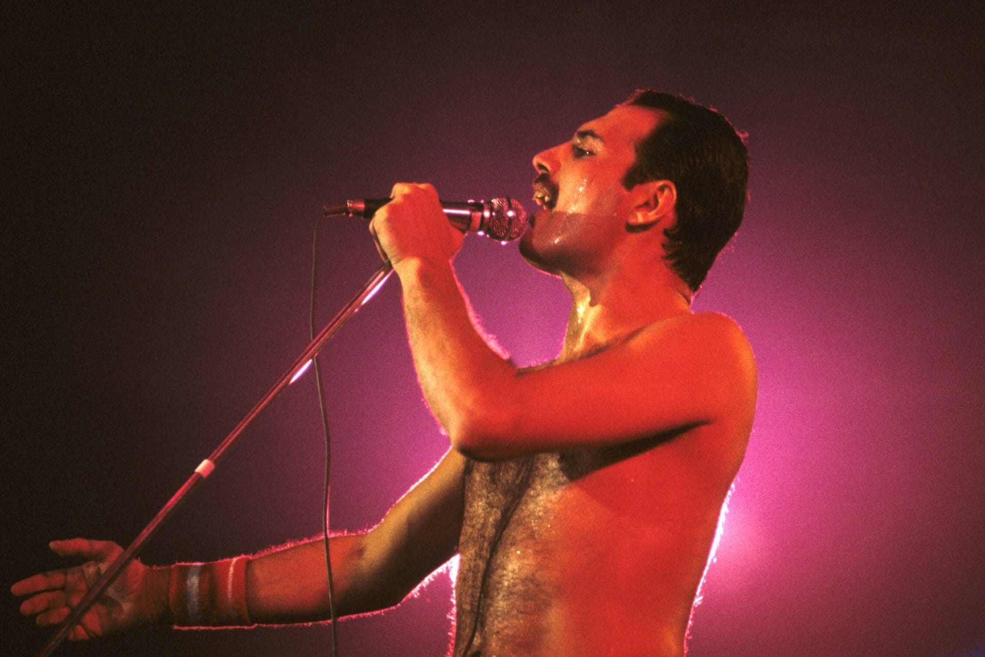 Freddie Mercury, der Frontmann der Band Queen, bei einem Konzert der Works-Tour im Londoner Wembley-Stadion 1984.