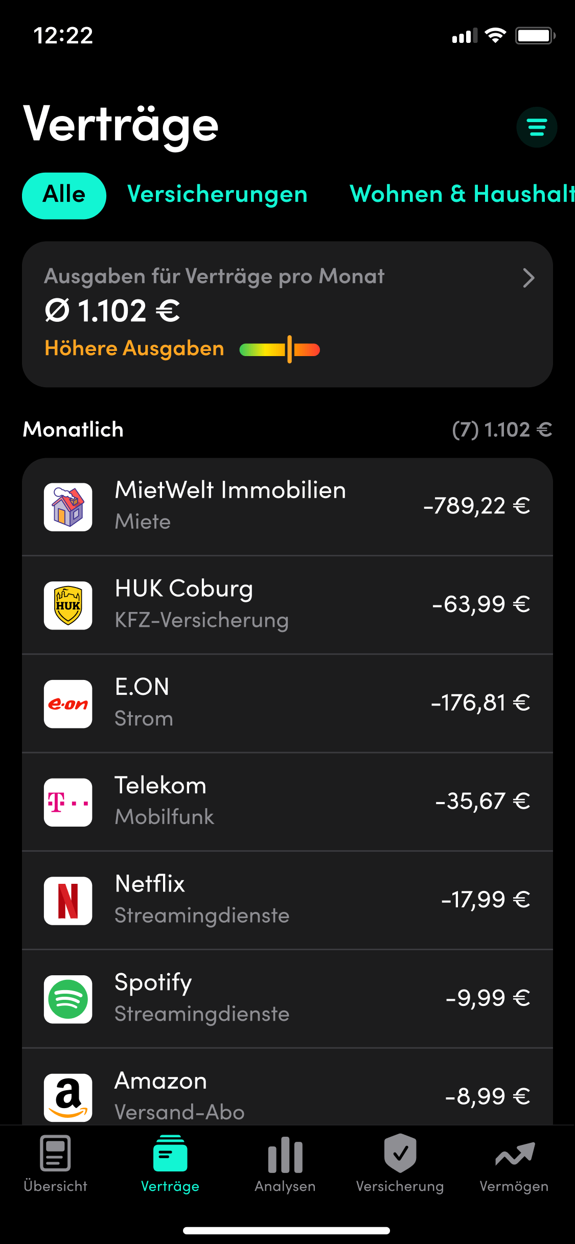 Beispielhafter Screenshot der Vertragsübersicht im Rahmen der App "Finanzguru"