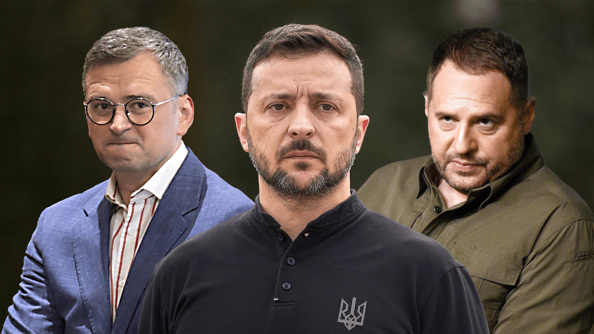 Der ehemalige Außenminister Dmytro Kuleba, Präsident Wolodymyr Selenskyj und Präsidialamtschef Andrij Jermak (v. l. n. r., Montage): Vor Kulebas Rücktritt gab es allerlei Gerüchte über einen Zwist mit Jermak.